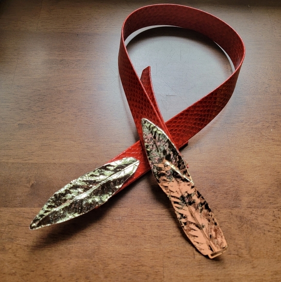 Vintage Red Faux Snakeskin Belt with Gold Tone Metal Leaves - Picture 15 of 16